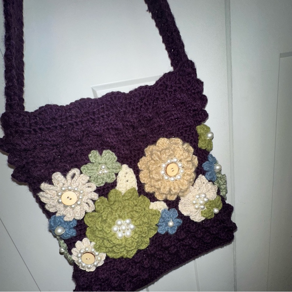 Handmade Elegant Floral Crochet Crossbody Bag - Purple, Green, Cream, Blue -New